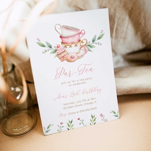 Tea Party Invitation Template, Tea Party Birthday Invite, Birthday Girl Invitation Template, Instant Download - FB9