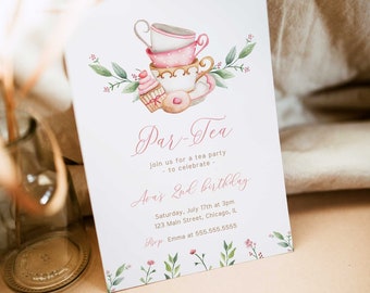 Tee-Party Einladung Vorlage, Tea-Party Geburtstag einladen, Geburtstagskind Einladung Vorlage, Sofort Download - FB9