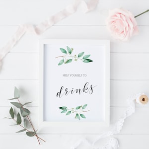 Drinks Sign, Help Yourself to Drinks, Bar Sign, Eucalyptus Baby Shower, Greenery Party Decor, Printable Sign, Instant Download - GN1