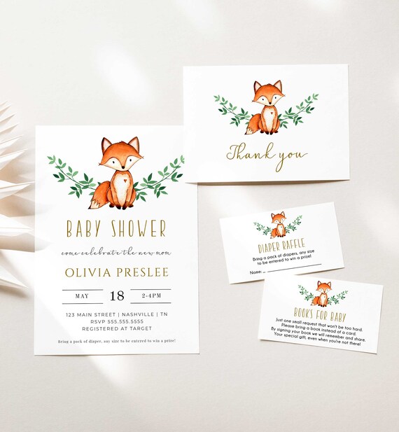 Fox Baby Shower Invitation Set, Books forBaby, Diaper Raffle, Thank you Cards, Woodland Baby Shower Bundle- WT1 Il_570xn