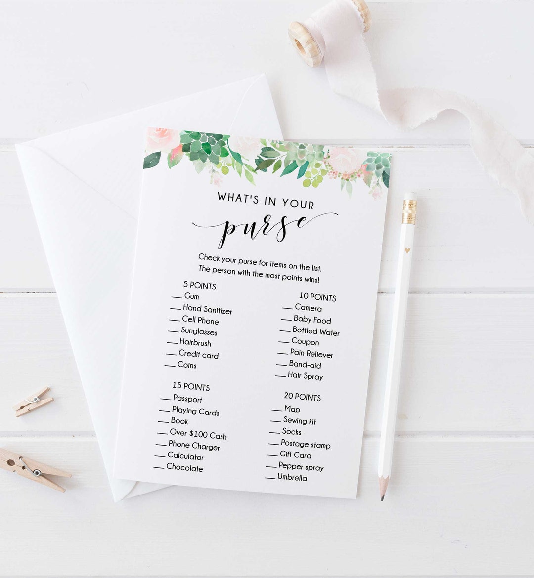 What's in Your Purse Girl Baby Shower Game, Editable Template, Floral ...