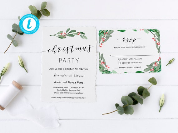 Christmas party invitation printable, Simple Christmas, Watercolor floral Holiday party invite, Editable invitation - CH2 Il_570xn