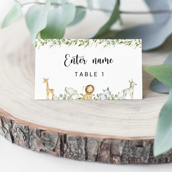 Jungle Baby Shower Place Card Template, Safari Table Name Cards, Printable Place Card, Jungle Birthday - FB4