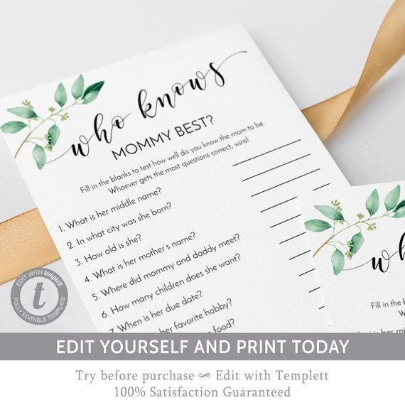 Who Knows Mommy Best | Editable Baby Shower Game | Instant Download | Eucalyptus Greenery Baby Shower Game Template | GN1 Il_570xn