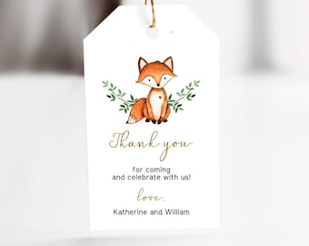 May include: A white thank you tag with a watercolor illustration of a fox with green leaves. The text reads "Thank you for coming and celebrate with us! love, Katherine and William".
