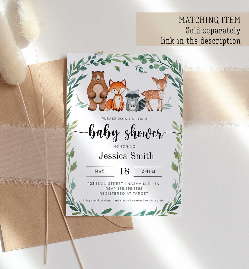 May include: A baby shower invitation with a watercolor illustration of woodland animals, including a bear, fox, raccoon, and deer. The invitation is decorated with green leaves and has the text "Please join us for a baby shower honoring Jessica Smith" and details for the event.
