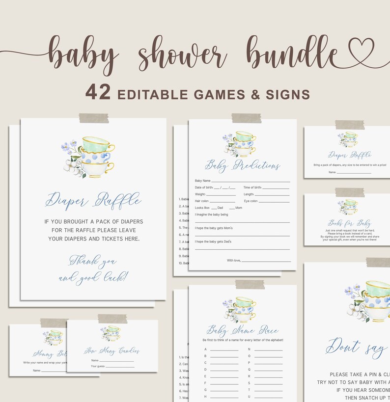 Teacup Raffle Tea Party Boy Baby Shower Game Bundle, Tea Party Baby Shower Boy, Baby ...