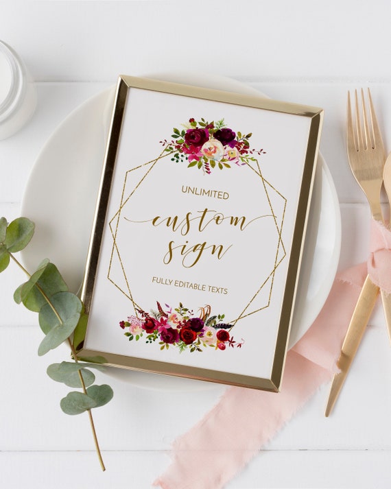 Custom Sign Wedding Template, Marsala, Bohemian, Floral, Rustic Wedding Decor, Fully Editable Sign, Instant Download and Printable - FL2 Il_570xn