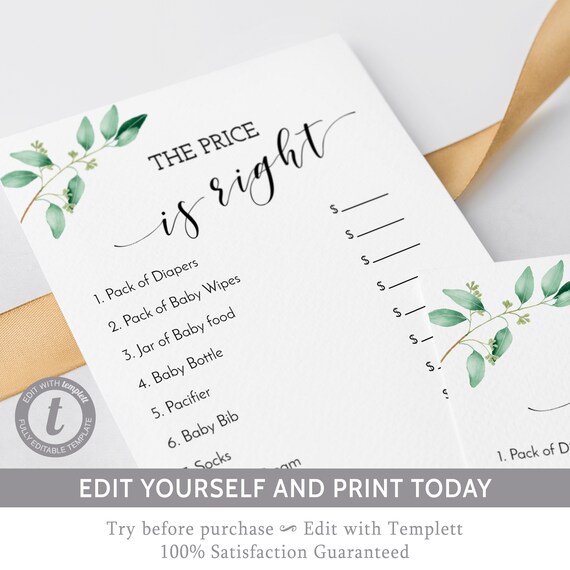 Price is Right Baby Shower Game Editable, Greenery Baby Shower Game Template, The Price is Right, Eucalyptus, Printable, DIY - GN1 Il_570xn