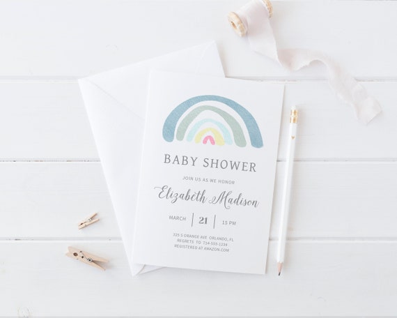 Pastel Rainbow Baby Shower Invitation Template, Boho Rainbow Baby Shower Invite, Gender Neutral - SM2 Il_570xn