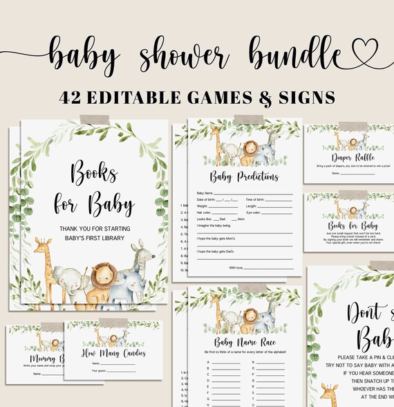 Safari Baby Shower Games Bundle, Safari Baby Games Bundle, Jungle Baby Shower Signs, EDITABLE Baby Shower Game, Instant Download - FB4 Il_570xn