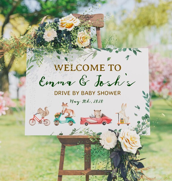 EDITABLE Drive By Baby Shower Welcome Sign Drive Through Baby Shower Woodland Quarantine Sign Printable Drive-By Party Sign Template - FB3 Il_570xn