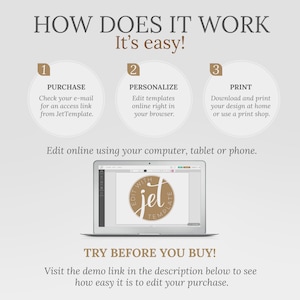 May include: A graphic showing how to use an online template. The graphic shows three steps: purchase, personalise, and print. The graphic also shows a laptop screen with a mockup of a template being edited.