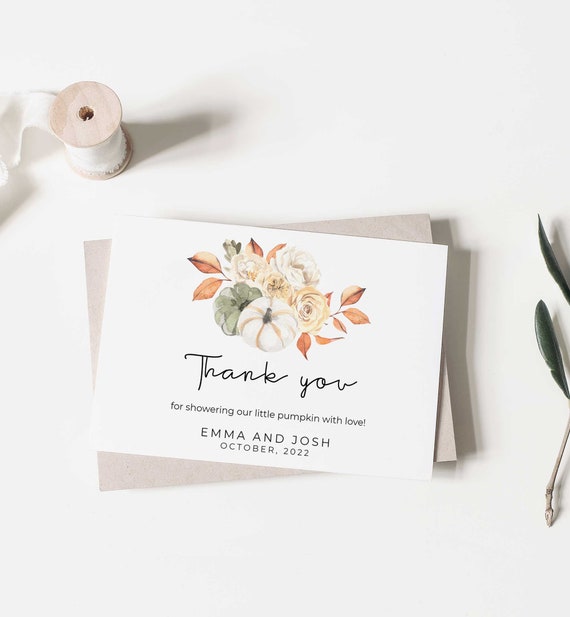 Pumpkin Baby Shower Thank You Cards, Fall Baby Shower Thank You Note, Flat & Tent, ANY EVENT, Thanksgiving Thank You Card Template - LL4 Il_570xn
