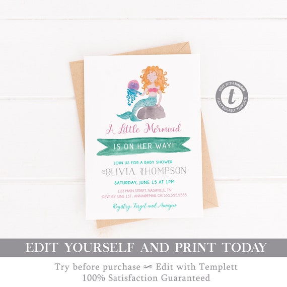 Little mermaid baby shower invitation, mermaid invite, Under the sea, baby shower printables, personalized invitation, Instant download Il_570xn