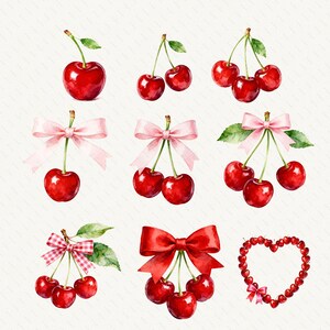 May include: A collection of watercolor illustrations featuring bright red cherries with green stems and leaves. Some cherries are adorned with light pink ribbons, a red and white gingham bow, a large red bow, or arranged in a heart-shaped wreath.