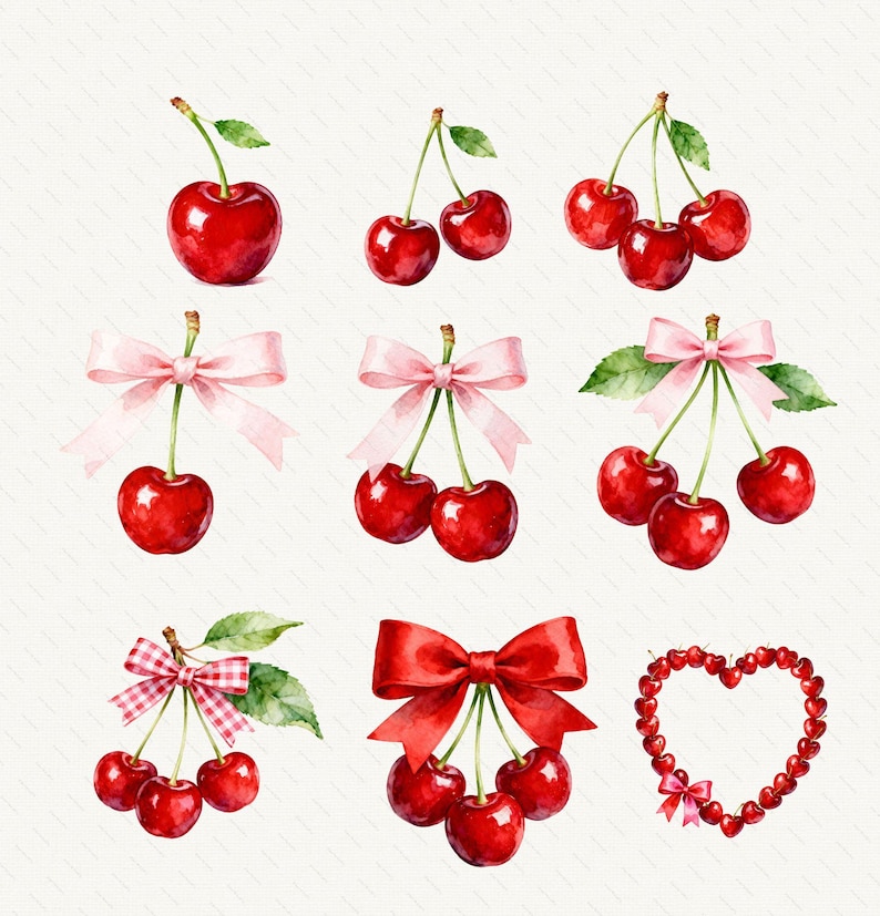 May include: A collection of watercolor illustrations featuring bright red cherries with green stems and leaves. Some cherries are adorned with light pink ribbons, a red and white gingham bow, a large red bow, or arranged in a heart-shaped wreath.