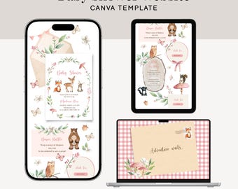 Woodland Girl Baby Shower Website Einladung, bearbeitbare Waldtiere Baby Shower Canva Vorlage, Mädchen Baby Shower Invite mit Antwortmöglichkeit