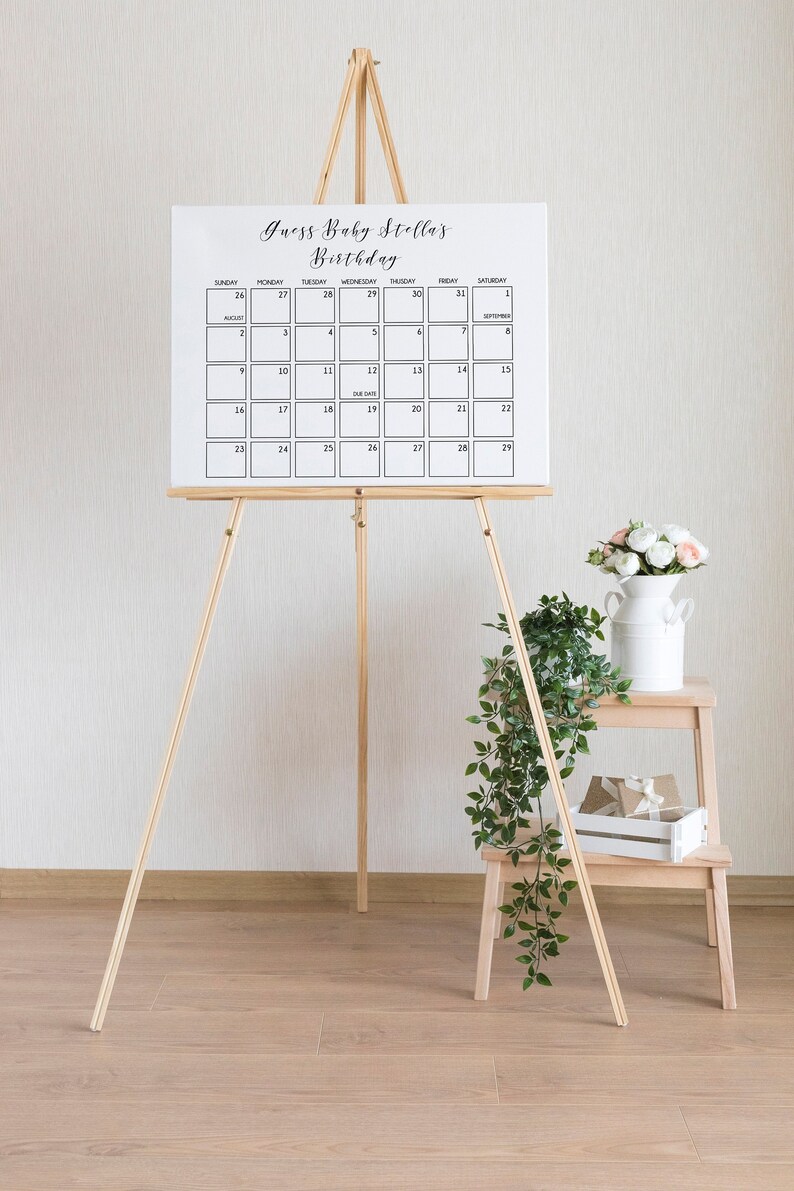 BW2 Editable Template Due Date Baby Shower Calendar Guessing Game Gender Neutral Rustic Baby Shower Birthday Prediction Minimalist