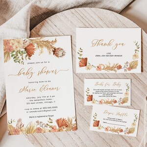 Paquete de invitación a baby shower Pampas Grass, tarjeta de agradecimiento, rifa de pañales, libros para bebé, Boho, editable, descarga instantánea - FL6