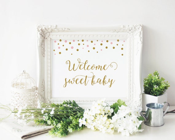 Girl Baby Shower Decorations, Welcome Sweet Baby Sign, Pink and Gold Baby Shower Printable Sign, Pink Baby Shower Instant Download - CG2 Il_570xn