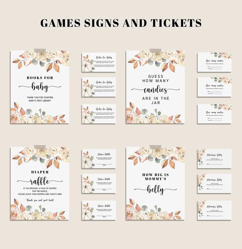 May include: A collection of baby shower game signs and tickets. The signs and tickets have a white background with floral and leaf accents in cream, orange, and green. The text includes "Books for Baby", "Diaper Raffle", and "How Big is Mommy's Belly".