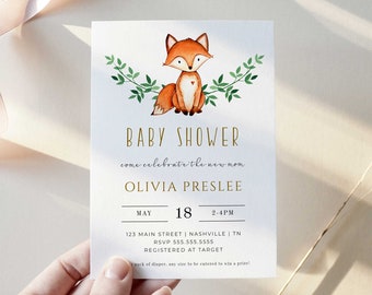 Fox Baby Shower Invitation, Woodland Baby Shower Invitation Template, Gender Neutral Baby Shower, Printable, Instant Download, Editable  WT1