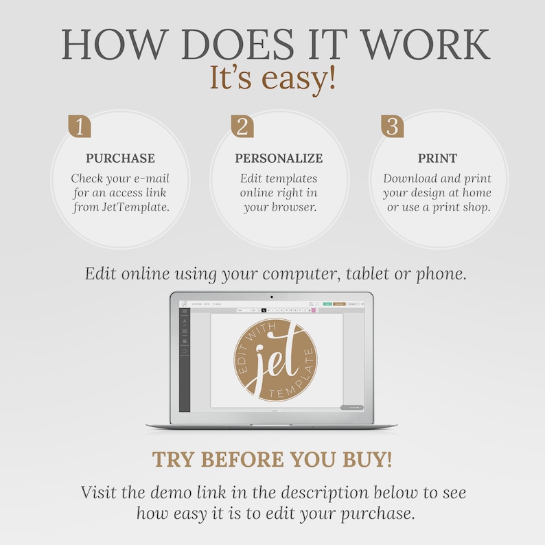 May include: A graphic showing how to use an online template. The graphic shows three steps: purchase, personalize, and print. The graphic also shows a laptop screen with a mockup of a template being edited.