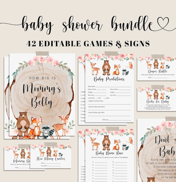 Woodland Girl Baby Shower Games Bundle Floral Woodland Baby