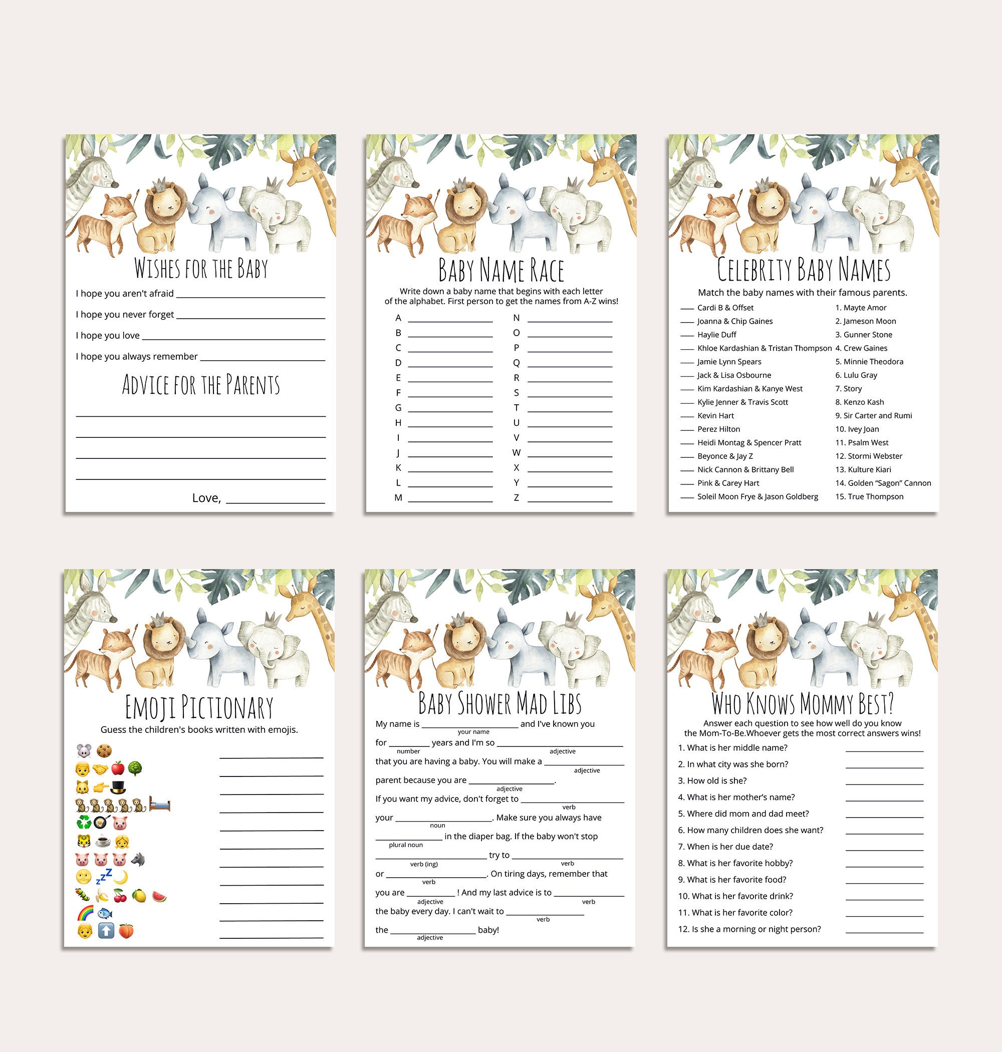 Virtual Baby Shower Games Safari Baby Shower Virtual Games Etsy