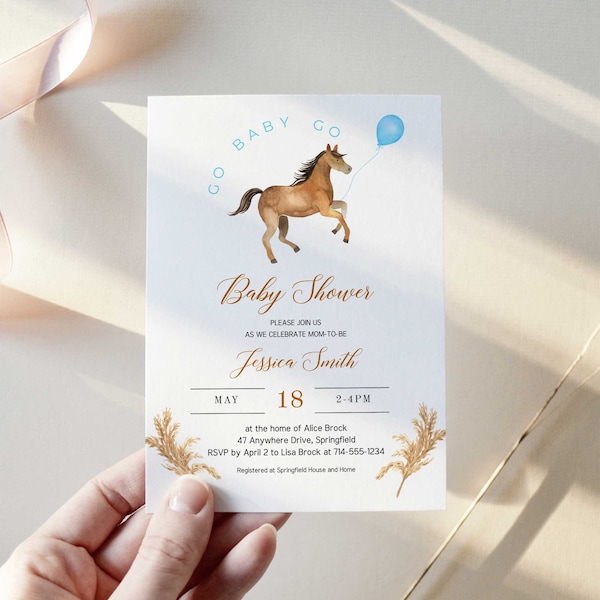 Horse Baby Shower Invitation Template, Go Baby Go Boy Shower Invites, Editable, Instant Download - WW4