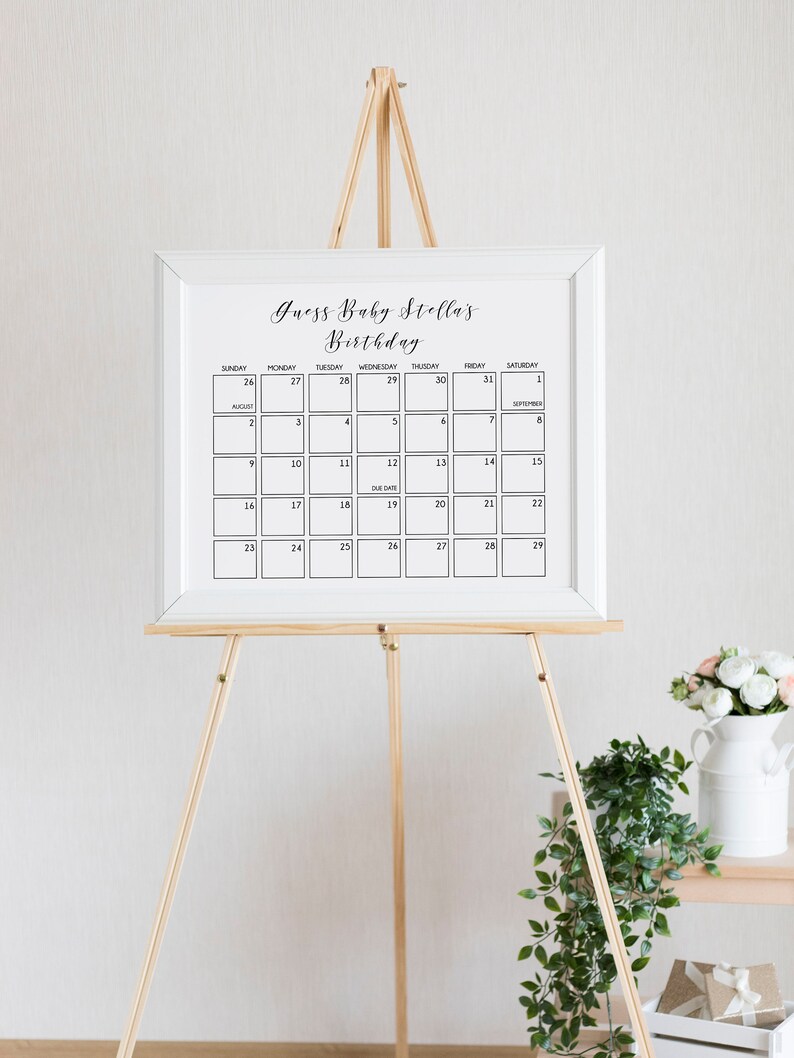 BW2 Editable Template Due Date Baby Shower Calendar Guessing Game Gender Neutral Rustic Baby Shower Birthday Prediction Minimalist