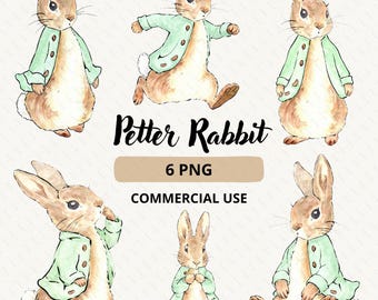 Green Petter Rabbit Clipart, Beatrix Potter Illustration for Baby shower, Watercolor Bunny in Green Jacket, Baby Nursery, Commercial Use