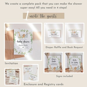 Puede incluir: Un juego completo de invitaciones para baby shower con tem&aacute;tica de animales de safari. Incluye una invitaci&oacute;n, tarjetas adjuntas, tarjetas de rifa de pa&ntilde;ales y tarjetas de solicitud de libros. El texto dice "baby shower".