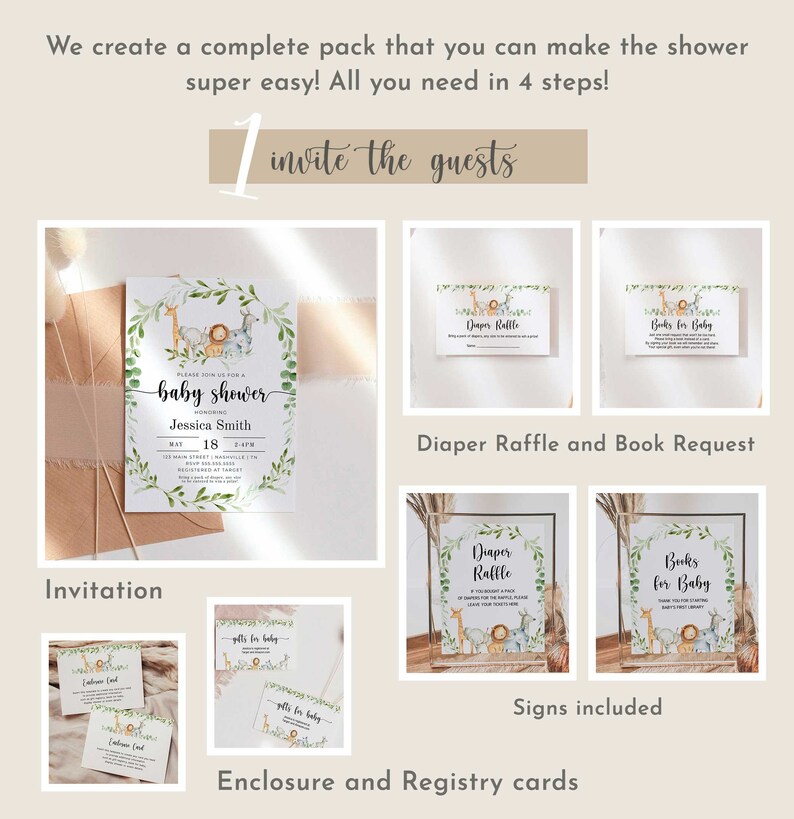 Puede incluir: Un juego completo de invitaciones para baby shower con tem&aacute;tica de animales de safari. Incluye una invitaci&oacute;n, tarjetas adjuntas, tarjetas de rifa de pa&ntilde;ales y tarjetas de solicitud de libros. El texto dice "baby shower".