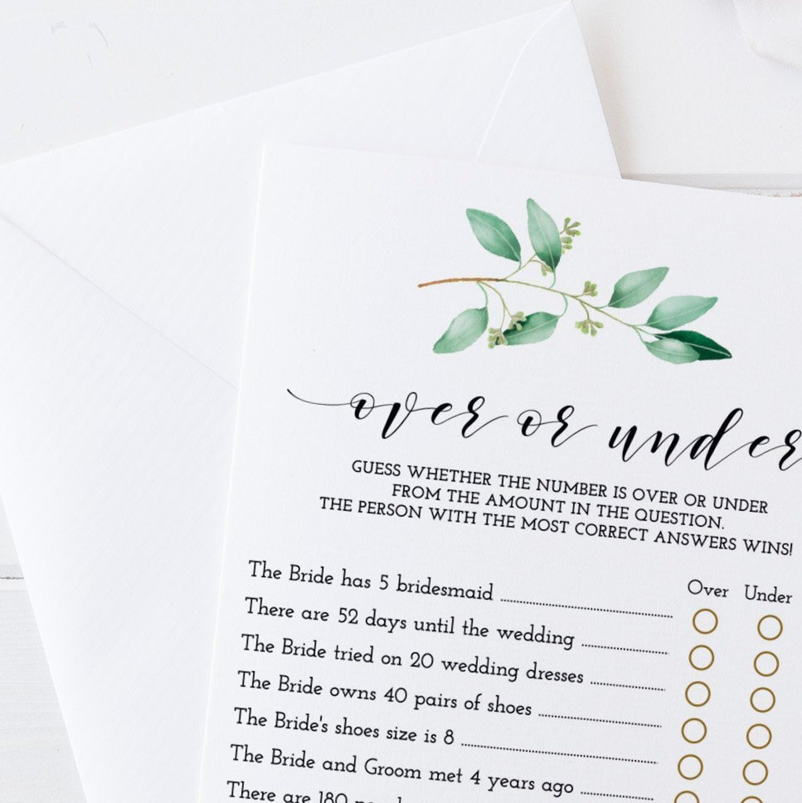 Over or Under Bridal Shower Games Ideas Greenery Wedding - Etsy