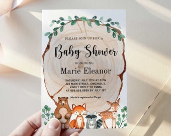 Woodland Baby Shower Invitation, Woodland Invitation Template, Forest Animals Baby Shower Invite, Printable Baby Shower Invitation - WD2