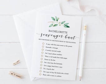 Bachelorette scavenger hunt, hen party games, photo challenge game, printable game, fun, greenery, modern - GN1