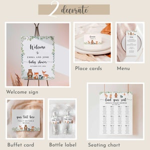 May include: A set of printable baby shower decorations featuring a woodland theme with animals like foxes, deer, and bears. The set includes a welcome sign, place cards, a menu, a buffet card, bottle labels, and a seating chart.