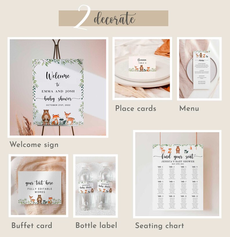 May include: A set of printable baby shower decorations featuring a woodland theme with animals like foxes, deer, and bears. The set includes a welcome sign, place cards, a menu, a buffet card, bottle labels, and a seating chart.