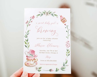 Invitación a Tea Party Baby Shower, Invitación a Tea Baby Shower, Plantilla de invitación Baby Is Brewing, Descarga instantánea - FB9