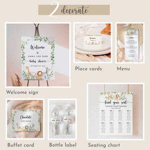 Puede incluir: Un conjunto de decoraciones para baby shower que incluyen un letrero de bienvenida, tarjetas de lugar, men&uacute;, tarjeta de buffet, etiquetas de botellas y un plano de asientos. Los dise&ntilde;os presentan ilustraciones de animales de safari y vegetaci&oacute;n, con texto manuscrito.