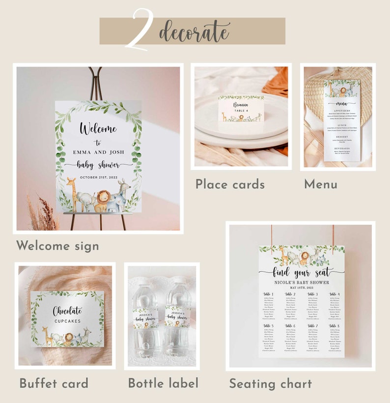 Puede incluir: Un conjunto de decoraciones para baby shower que incluyen un letrero de bienvenida, tarjetas de lugar, men&uacute;, tarjeta de buffet, etiquetas de botellas y un plano de asientos. Los dise&ntilde;os presentan ilustraciones de animales de safari y vegetaci&oacute;n, con texto manuscrito.