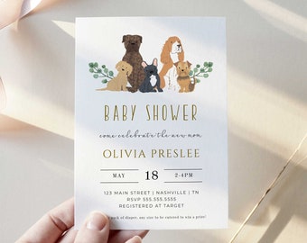 Puede incluir: Una invitación de baby shower blanca con borde y texto dorados. La invitación presenta un grupo de perros en fila, incluyendo un labrador marrón, un bulldog francés blanco y negro, un golden retriever y un spaniel marrón y blanco. El texto dice "Baby Shower", "come celebrate the new mom", "Olivia Preslee", "May 18", "2-4PM", "123 Main Street | Nashville | TN", "RSVP 555.555.5555", "Registered at Target", y "1 pack of diaper, any size to be entered to win a prize!"