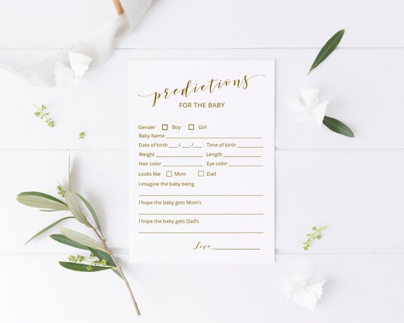 Gender Neutral Baby Shower Predictions For Baby Editable Gold Baby Prediction Card Printable Game - BW3 Il_570xn