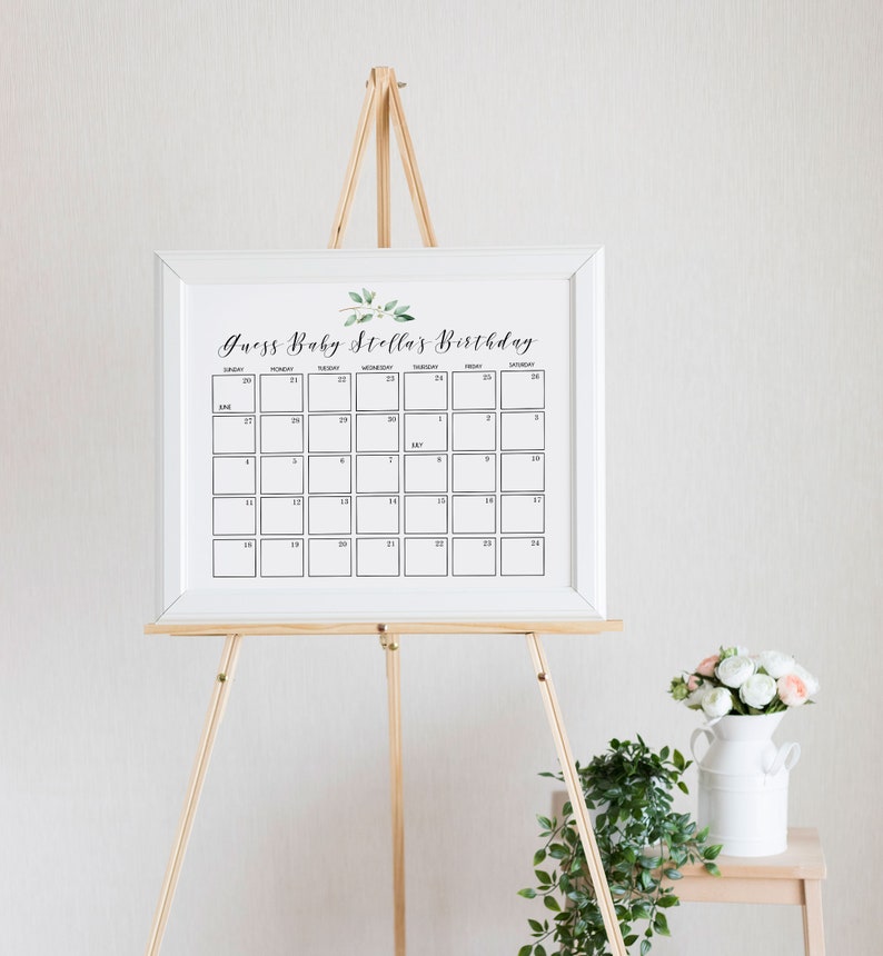 Due Date Calendar Game Greenery Baby Shower Game Guess Etsy