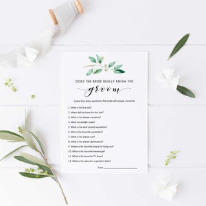 EDITIERBAR Wie gut kennt die Braut den Bräutigam, Braut kennt den Bräutigam, Greenery Braut Shower Games, druckbar - GN1