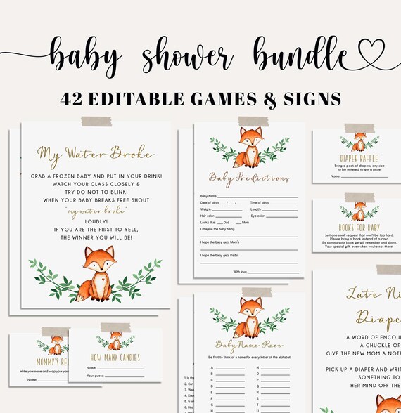 Baby Shower Games Bundle, Fox Baby Shower Set, Printable Baby Shower Game, Woodland, Boy Baby Shower, EDITABLE, Instant Download - WT1 Il_570xn