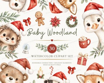 Weihnachtliche Waldmotive (Clipart), Aquarell-Waldtiere (PNG), Kinderzimmer-Clipart, Festtags-Bundle, Kommerzielle Nutzung