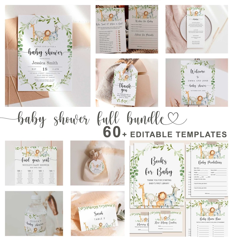 Puede incluir: Un conjunto de plantillas de papeler&iacute;a para baby shower con un tema de animales de safari en acuarela. Incluye invitaciones, juegos, carteles de bienvenida y etiquetas de agradecimiento. El texto dice "baby shower" y "baby shower full bundle".